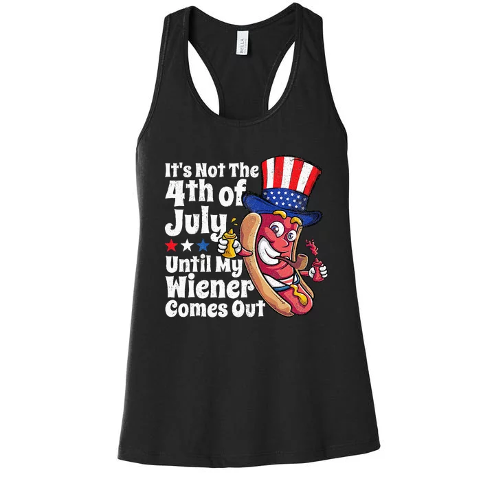 Funny 4th Of July Hot Dog Wiener Comes Out Adult Humor Gift Women's Racerback Tank