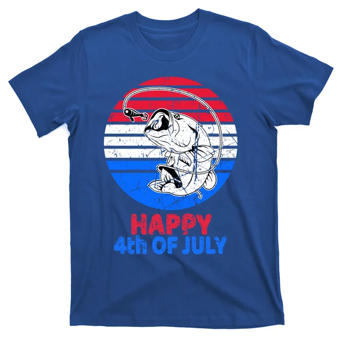 Fisher 4th Of July For Fishing Lover Retro July 4th Bass Gift T-Shirt