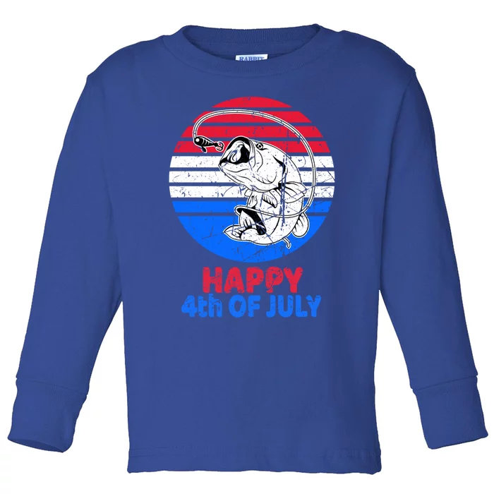 Fisher 4th Of July For Fishing Lover Retro July 4th Bass Gift Toddler Long Sleeve Shirt