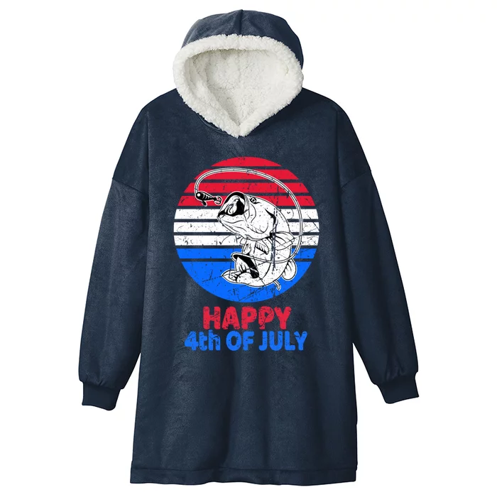 Fisher 4th Of July For Fishing Lover Retro July 4th Bass Gift Hooded Wearable Blanket