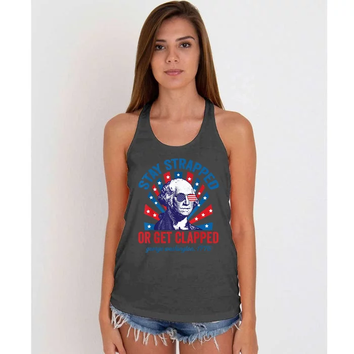 Funny 4th of July Shirt Washington Stay Strapped Get Clapped Women's Knotted Racerback Tank