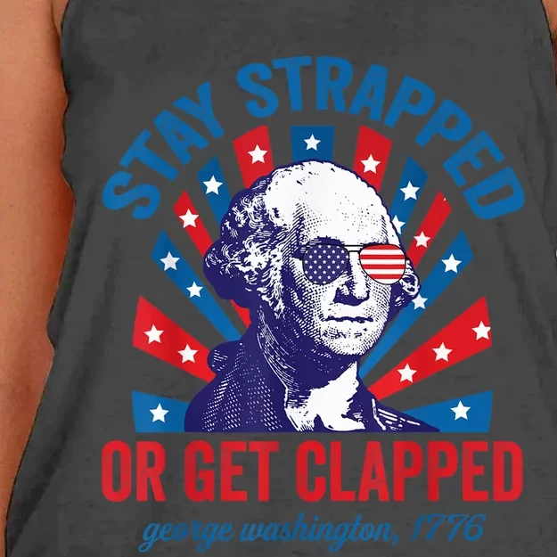 Funny 4th of July Shirt Washington Stay Strapped Get Clapped Women's Knotted Racerback Tank