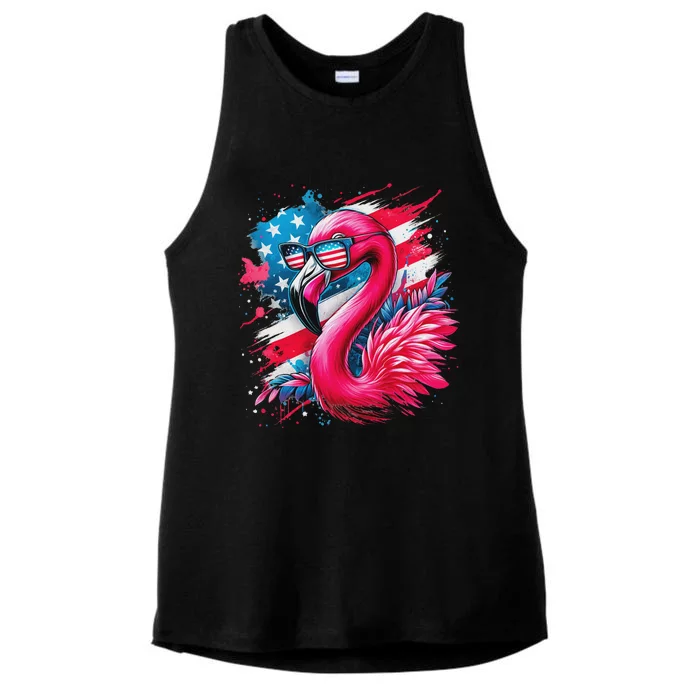 Flamingo 4th Of July American Flag Ladies Tri-Blend Wicking Tank