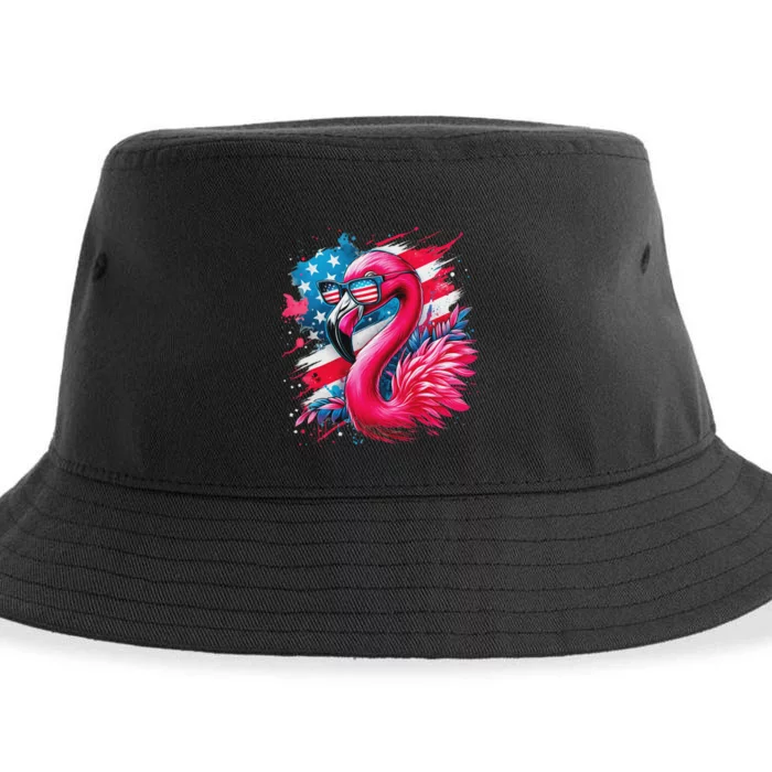 Flamingo 4th Of July American Flag Sustainable Bucket Hat