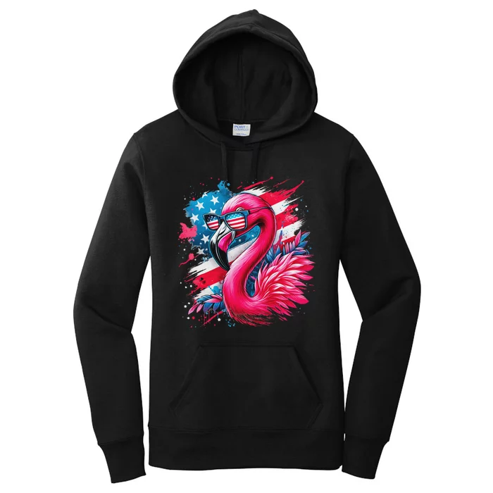 Flamingo 4th Of July American Flag Women's Pullover Hoodie