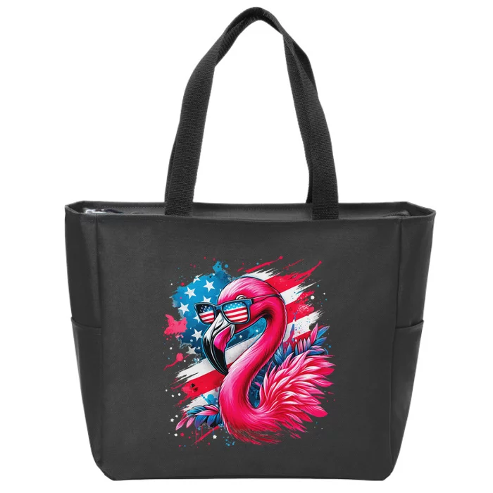 Flamingo 4th Of July American Flag Zip Tote Bag