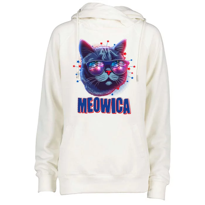 Funny 4th Of July Meowica Fireworks Cat Womens Funnel Neck Pullover Hood