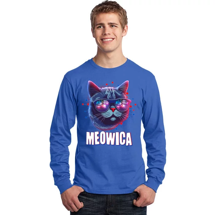 Funny 4th Of July Meowica Fireworks Cat Tall Long Sleeve T-Shirt