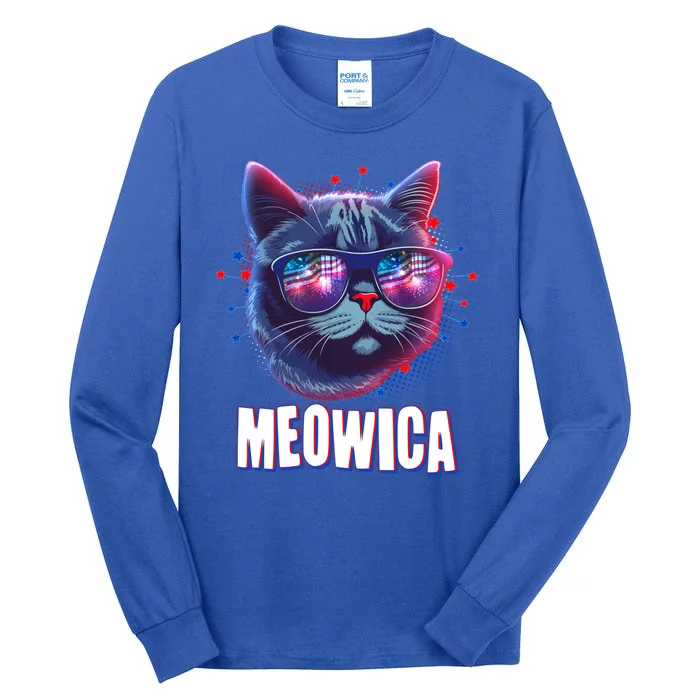 Funny 4th Of July Meowica Fireworks Cat Tall Long Sleeve T-Shirt