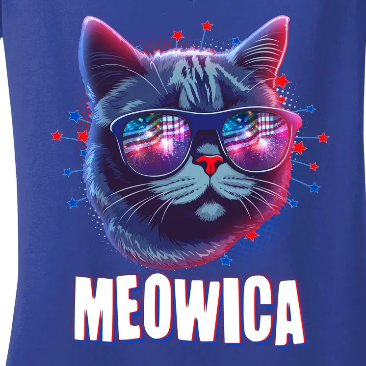 Funny 4th Of July Meowica Fireworks Cat Women's V-Neck T-Shirt