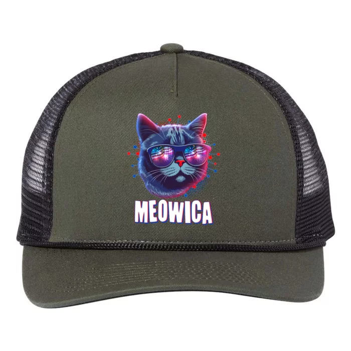 Funny 4th Of July Meowica Fireworks Cat Retro Rope Trucker Hat Cap