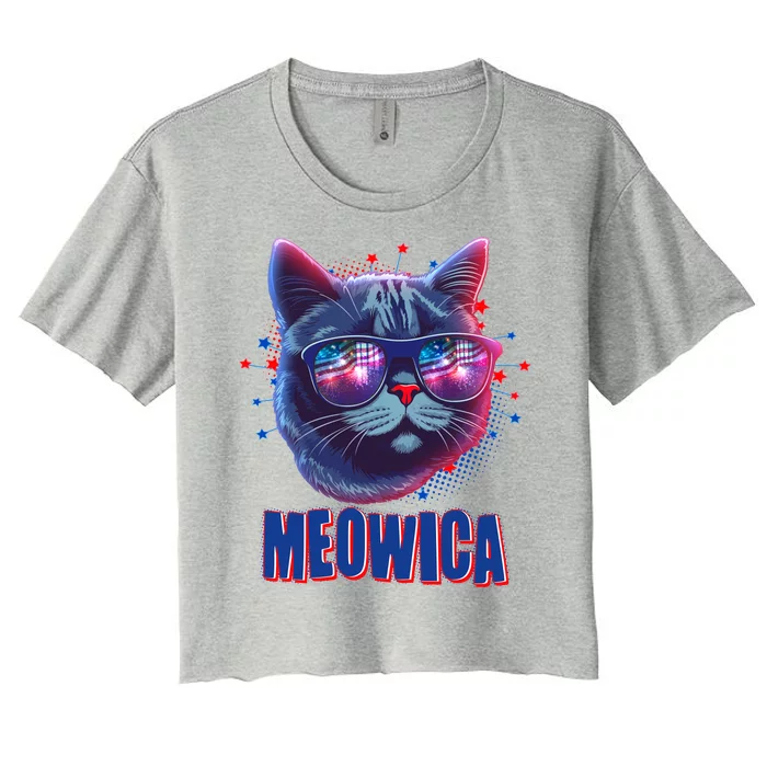 Funny 4th Of July Meowica Fireworks Cat Women's Crop Top Tee