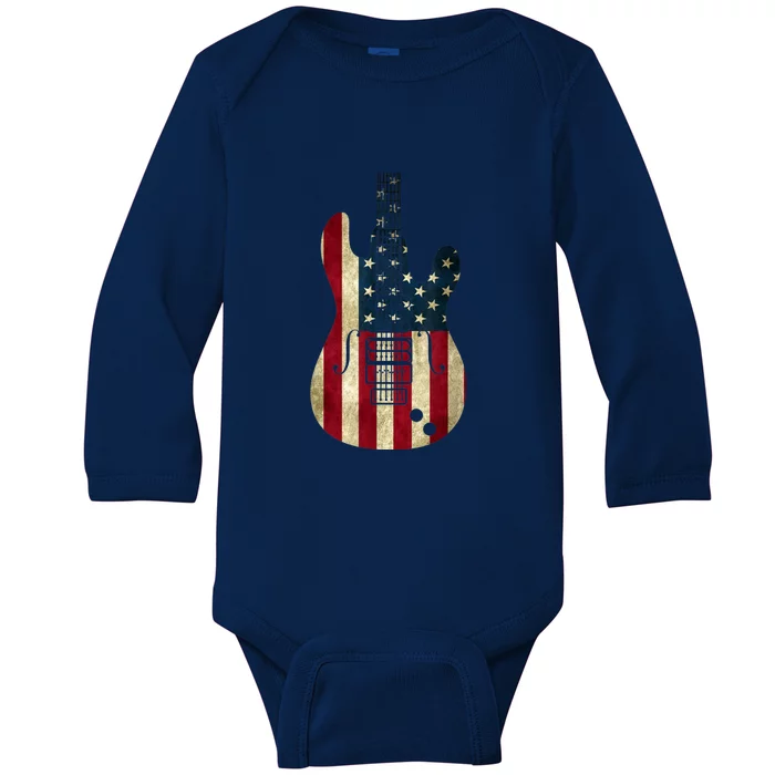 Funny 4th Of July American Flag Guitar Patriotic Gift Baby Long Sleeve Bodysuit