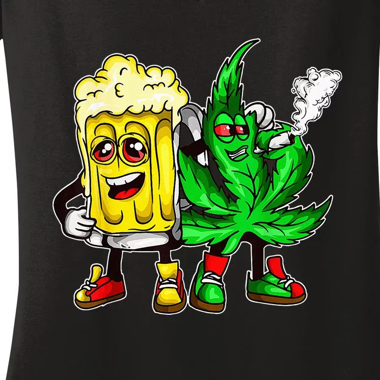 Funny 420 Pot Leaf Marijuana Bong Beer Drunk Weed Cannabis Women's V-Neck T-Shirt