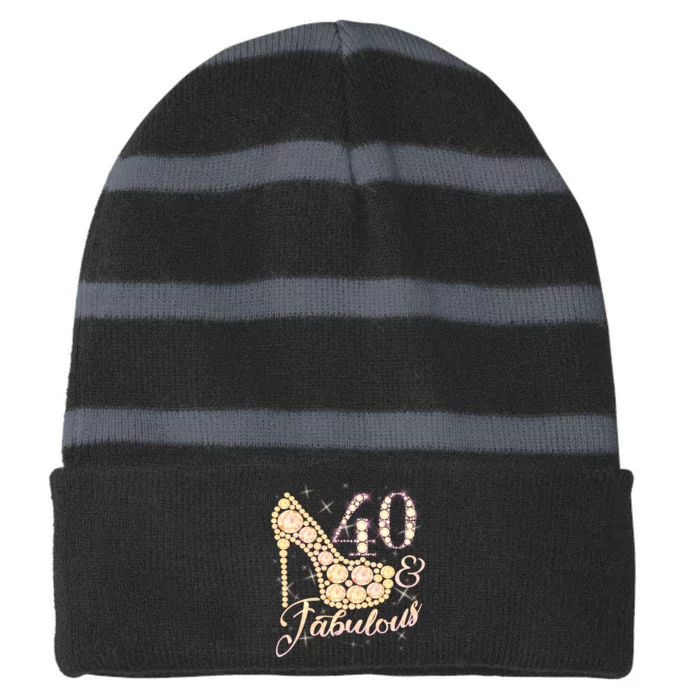 Fabulous & 40 Sparkly Heel 40th Birthday Striped Beanie with Solid Band