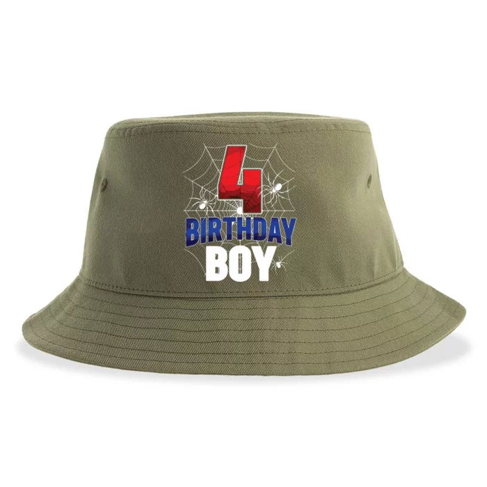 Four 4 Year Old 4th Birthday Boy Spider Web 4yr Party Sustainable Bucket Hat