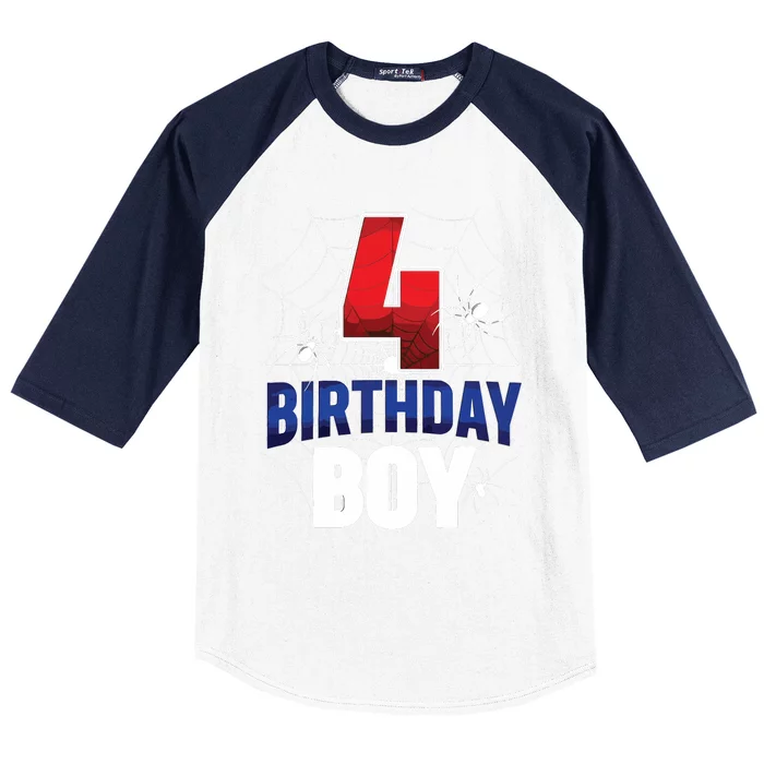 Four 4 Year Old 4th Birthday Boy Spider Web 4yr Party Baseball Sleeve Shirt