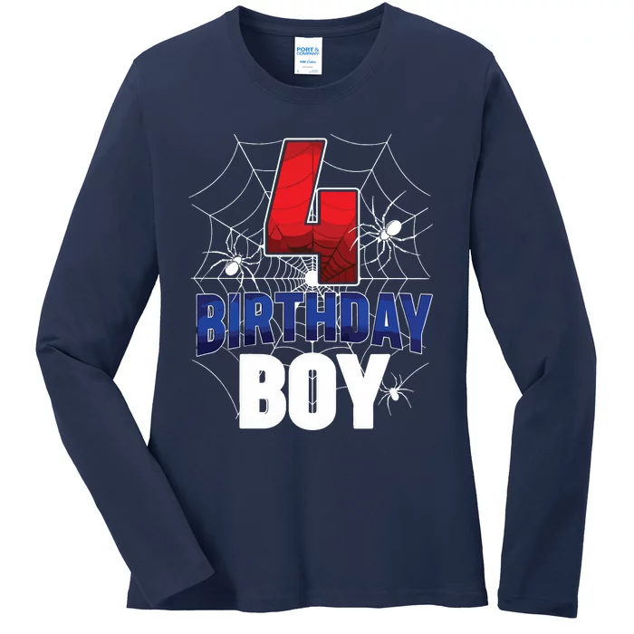 Four 4 Year Old 4th Birthday Boy Spider Web 4yr Party Ladies Long Sleeve Shirt