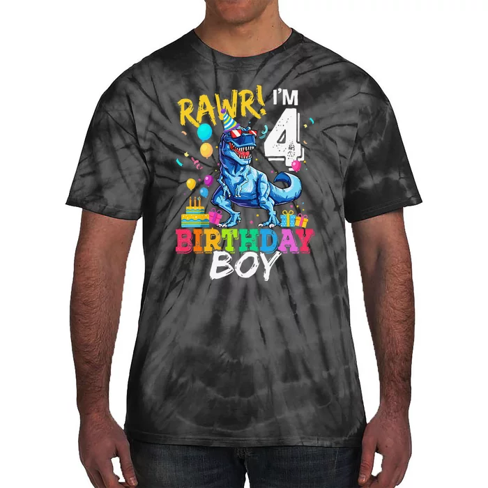 Funny 4 Year Old 4th Birthday T Rex Dinosaur Tie-Dye T-Shirt