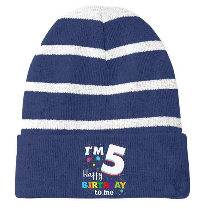 Five 5yr 5th Birthday Happy Birthday 5 Years Old Striped Beanie with Solid Band