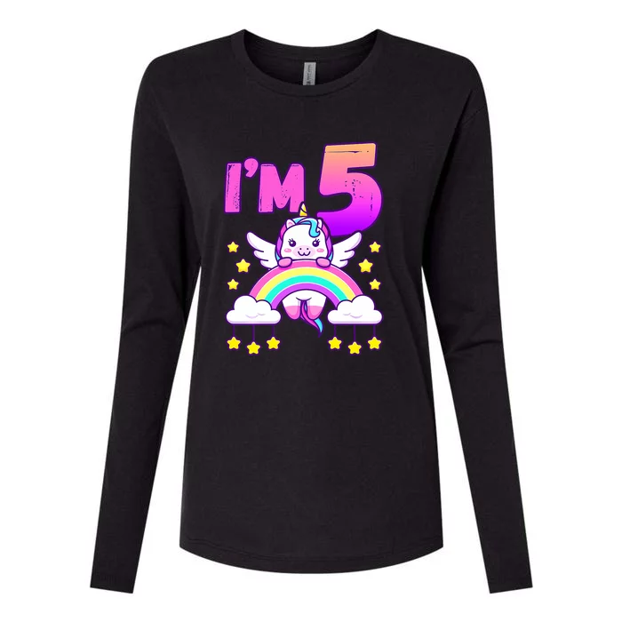 Funny 5th Birthday Girl Unicorn Rainbow 5 Year Old Womens Cotton Relaxed Long Sleeve T-Shirt