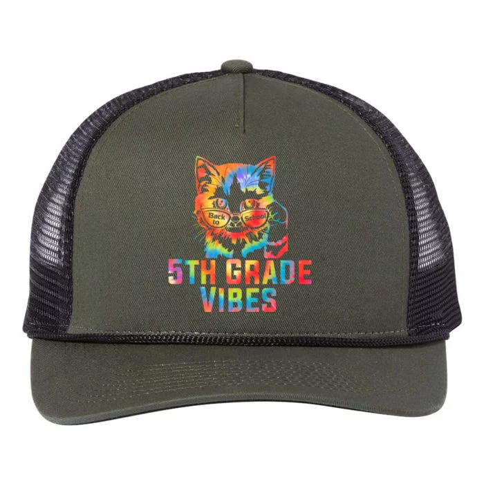 Fifth 5th Grade Vibes Back To School Cat Kitty Girl Tie Dye Gift Retro Rope Trucker Hat Cap