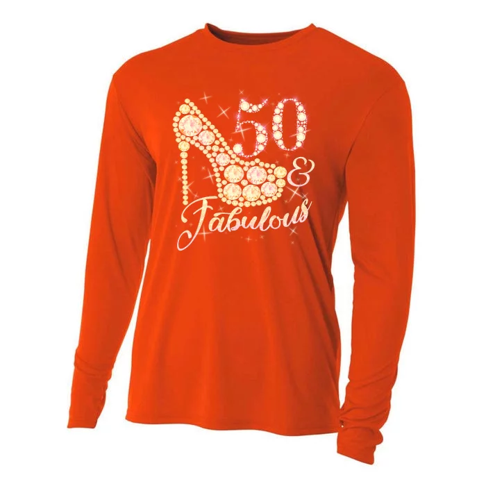 Fabulous & 50 Sparkly Heel 50th Birthday Cooling Performance Long Sleeve Crew