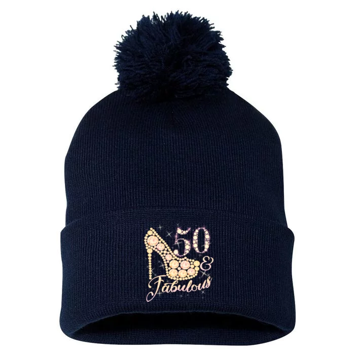 Fabulous & 50 Sparkly Heel 50th Birthday Pom Pom 12in Knit Beanie