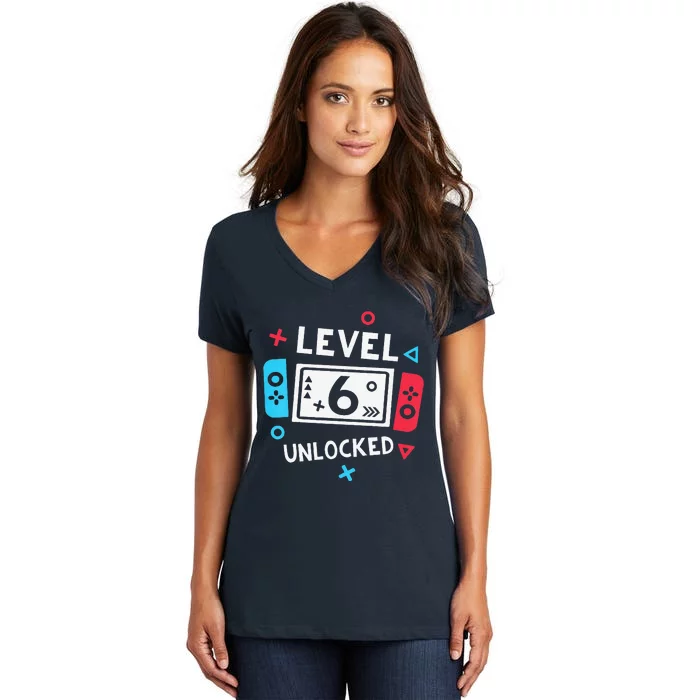 Funny 6th Birthday Level 6 Unlocked Video Game Party Women's V-Neck T-Shirt