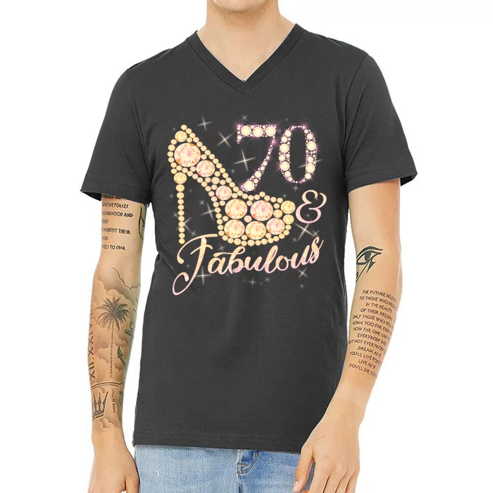 Fabulous & 70 Sparkly Heel 70th Birthday V-Neck T-Shirt