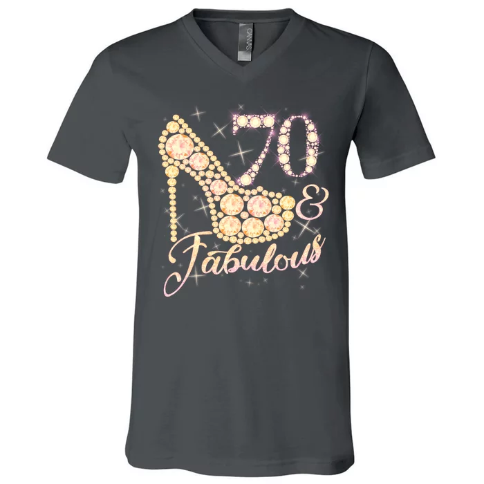 Fabulous & 70 Sparkly Heel 70th Birthday V-Neck T-Shirt