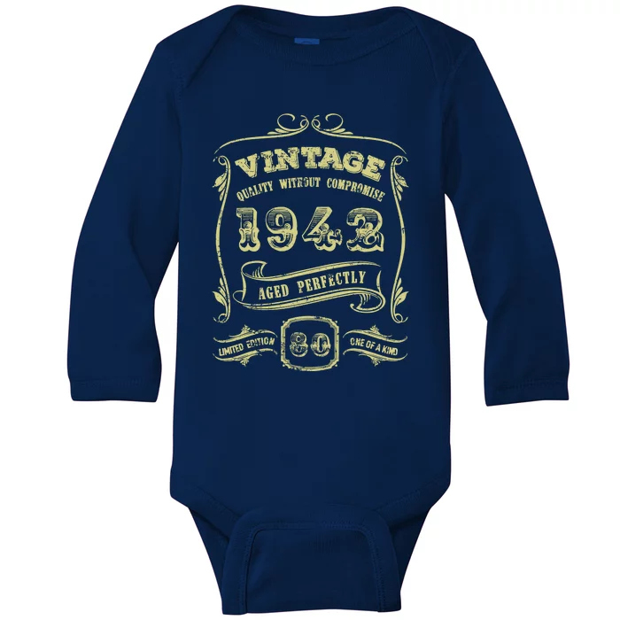 Funny 80th Birthday Gift Gold Vintage 1942 Age Perfectly Essential Baby Long Sleeve Bodysuit