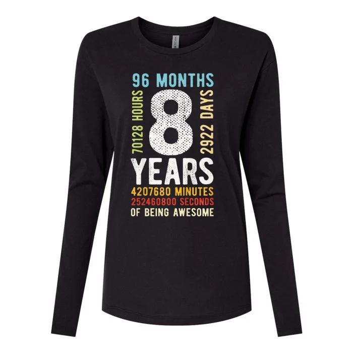 Funny 8th Birthday 8 Years Old Vintage Retro 96 Months Womens Cotton Relaxed Long Sleeve T-Shirt