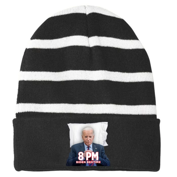 Funny 8 Pm Biden Bedtime Biden Trump Vs Biden Debate 2024 Striped Beanie with Solid Band