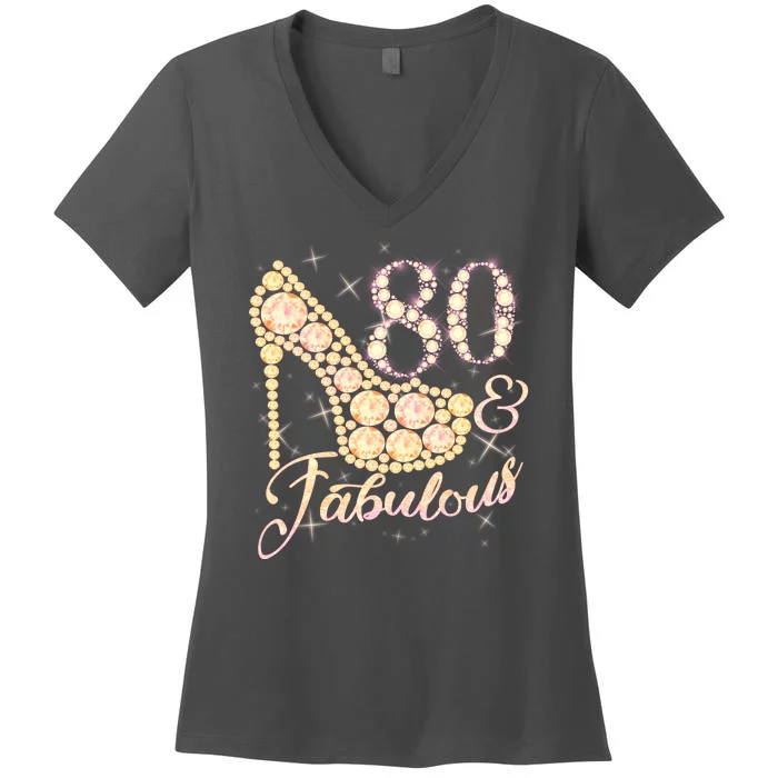 Fabulous & 80 Sparkly Heel 80th Birthday Women's V-Neck T-Shirt