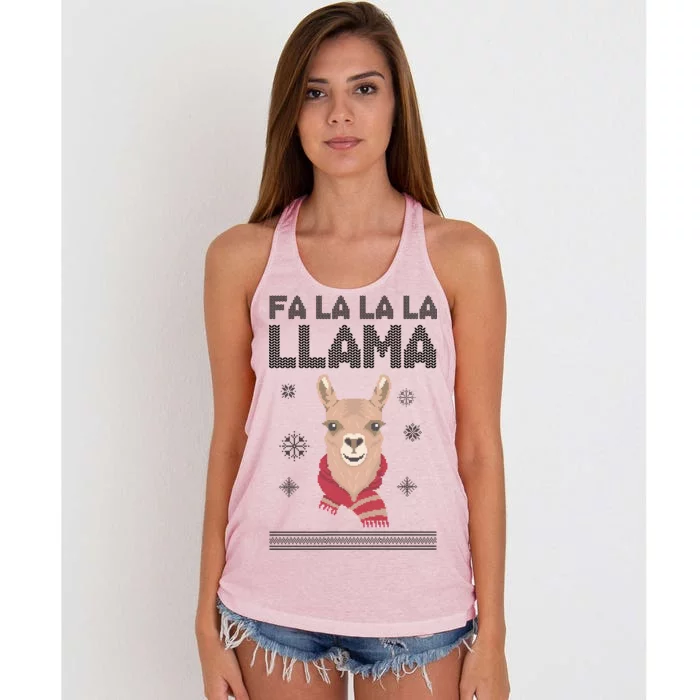 Fa La La La Llama Ugly Christmas Sweater Women's Knotted Racerback Tank