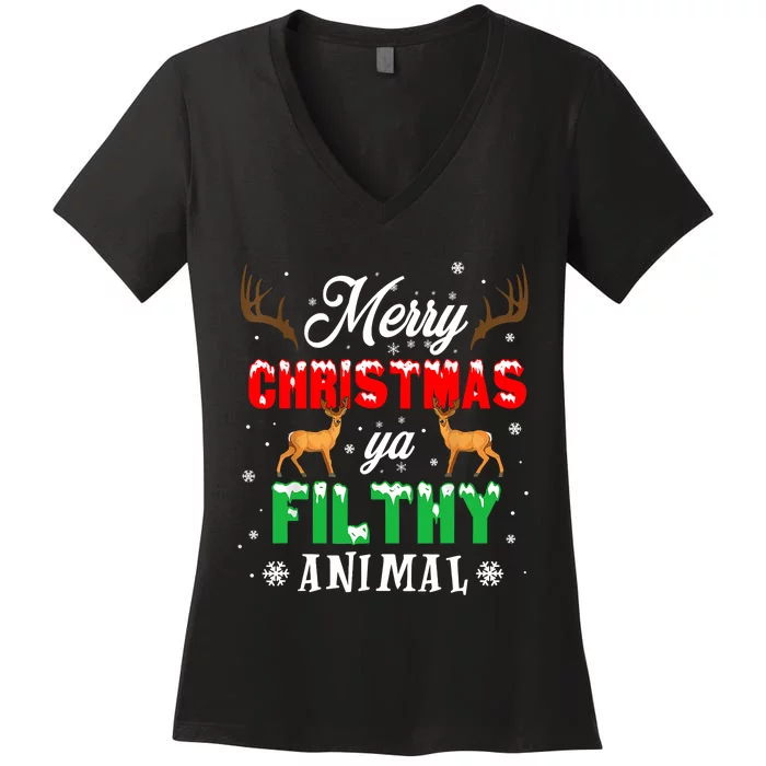 Funny Alone At Home Movies Merry Christmas You Filty Animal Long Sleeve Women's V-Neck T-Shirt