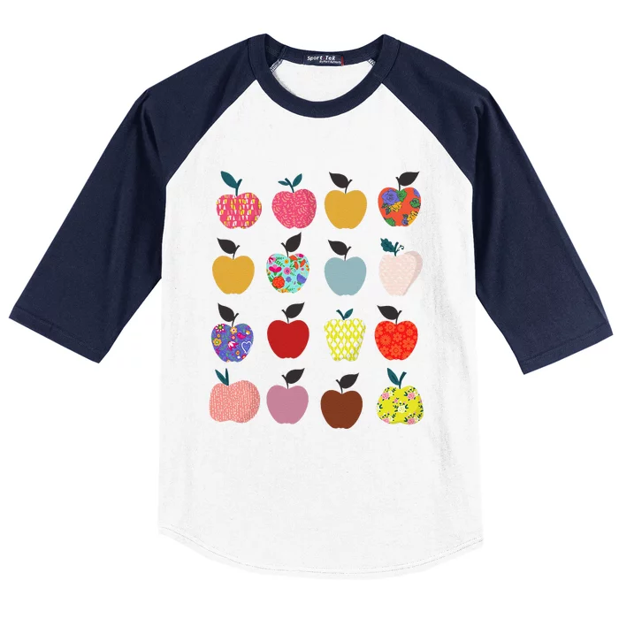 Folk Art Apples Back To School Teacher Funny Baseball Sleeve Shirt