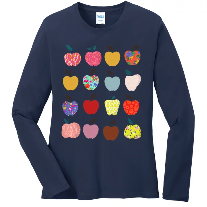 Folk Art Apples Back To School Teacher Funny Ladies Long Sleeve Shirt