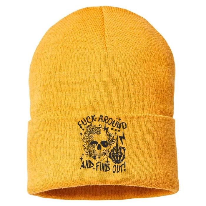 Fuck Around And Find Out Snarky Adult Humor Floral Skull Skeleton Sustainable Knit Beanie