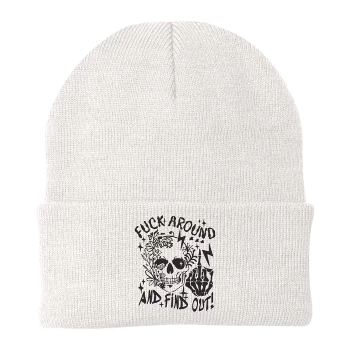 Fuck Around And Find Out Snarky Adult Humor Floral Skull Skeleton Knit Cap Winter Beanie