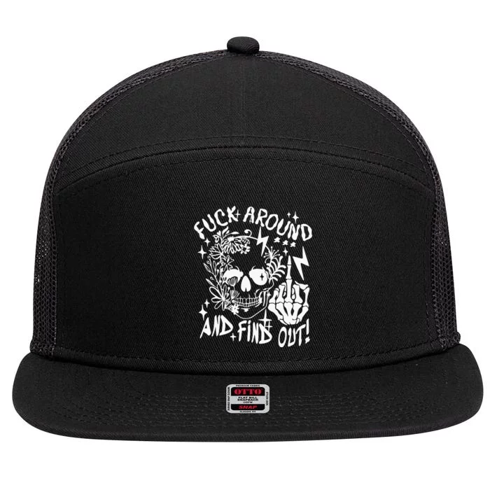 Fuck Around And Find Out Snarky Adult Humor Floral Skull Skeleton 7 Panel Mesh Trucker Snapback Hat