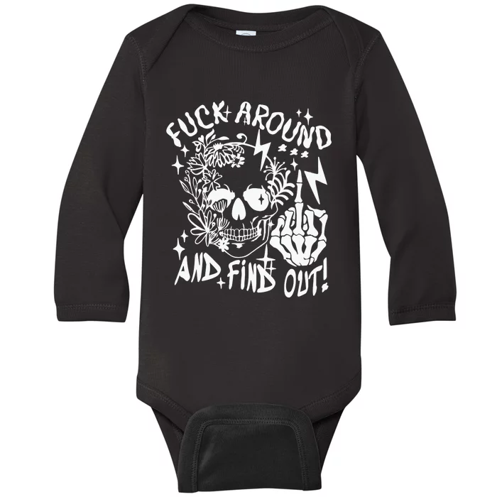 Fuck Around And Find Out Snarky Adult Humor Floral Skull Skeleton Baby Long Sleeve Bodysuit