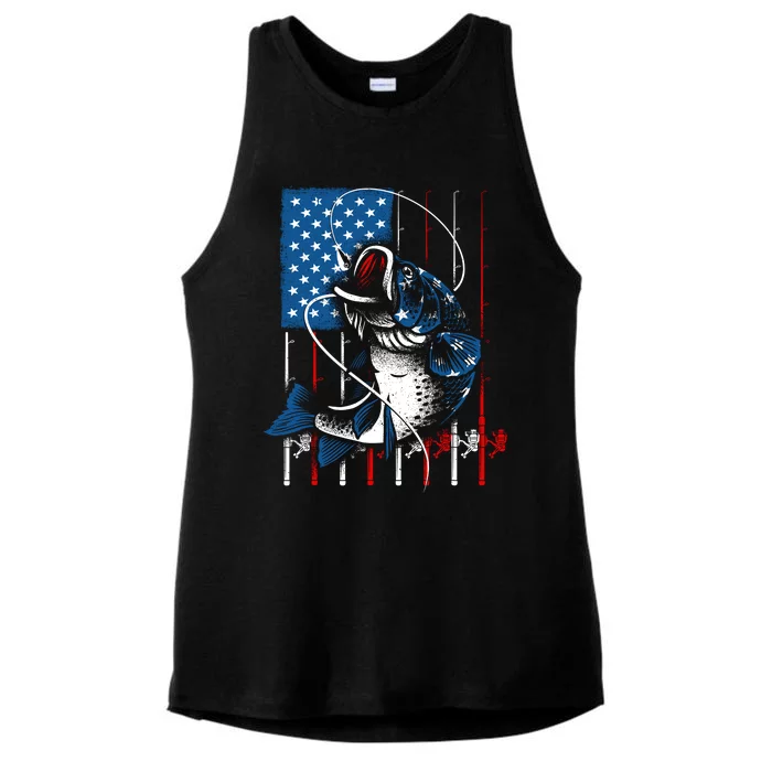 Fishing Art American Flag Usa Fishing Lover Ladies Tri-Blend Wicking Tank