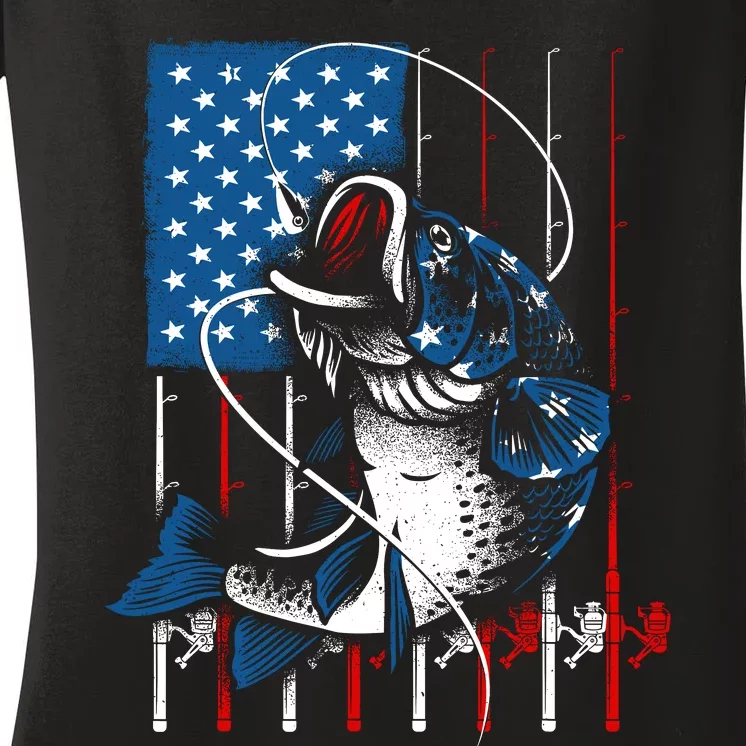 Fishing Art American Flag Usa Fishing Lover Women's V-Neck T-Shirt