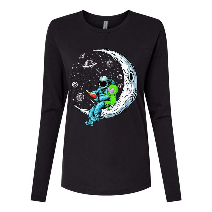 Funny Alien & Astronaut Reads Book Outer Space Book Readers Womens Cotton Relaxed Long Sleeve T-Shirt