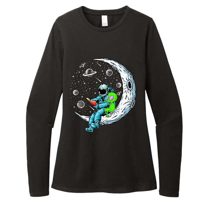 Funny Alien & Astronaut Reads Book Outer Space Book Readers Womens CVC Long Sleeve Shirt