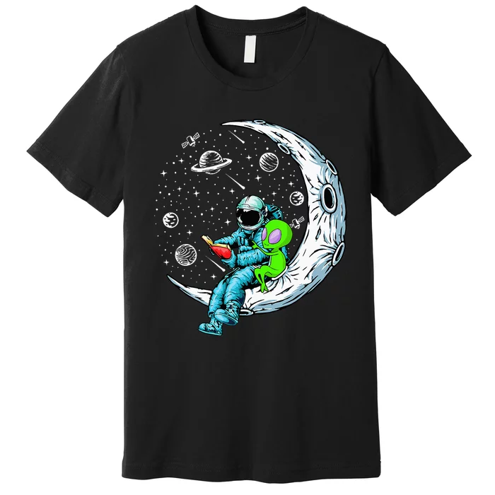 Funny Alien & Astronaut Reads Book Outer Space Book Readers Premium T-Shirt