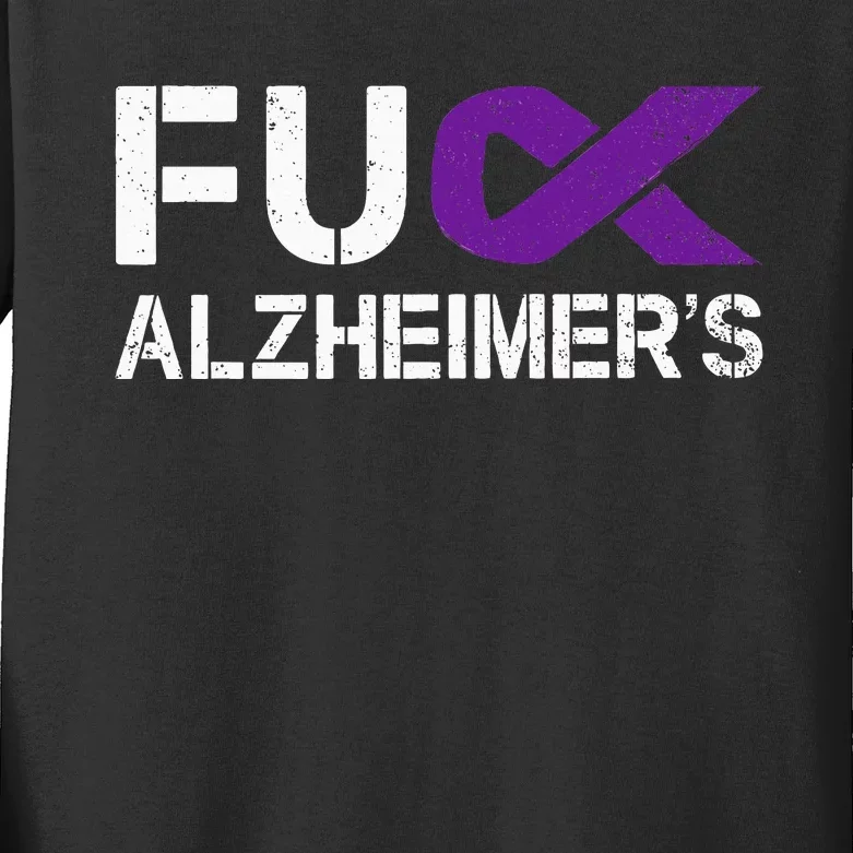 Fuck Alzheimers Awareness Month Purple Ribbon Fighter Kids Long Sleeve Shirt