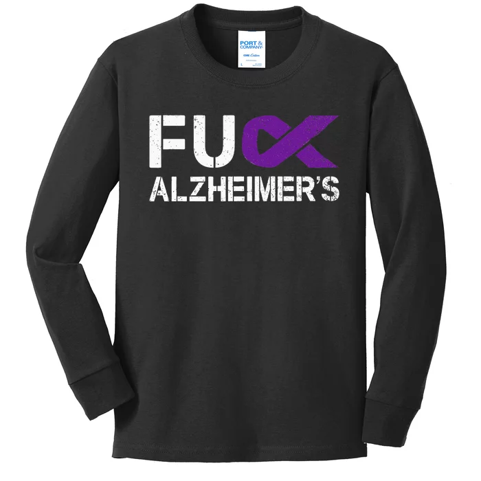 Fuck Alzheimers Awareness Month Purple Ribbon Fighter Kids Long Sleeve Shirt